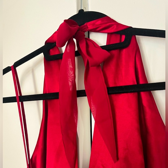 Red silk halter A-frame formal dress - Picture 5 of 8